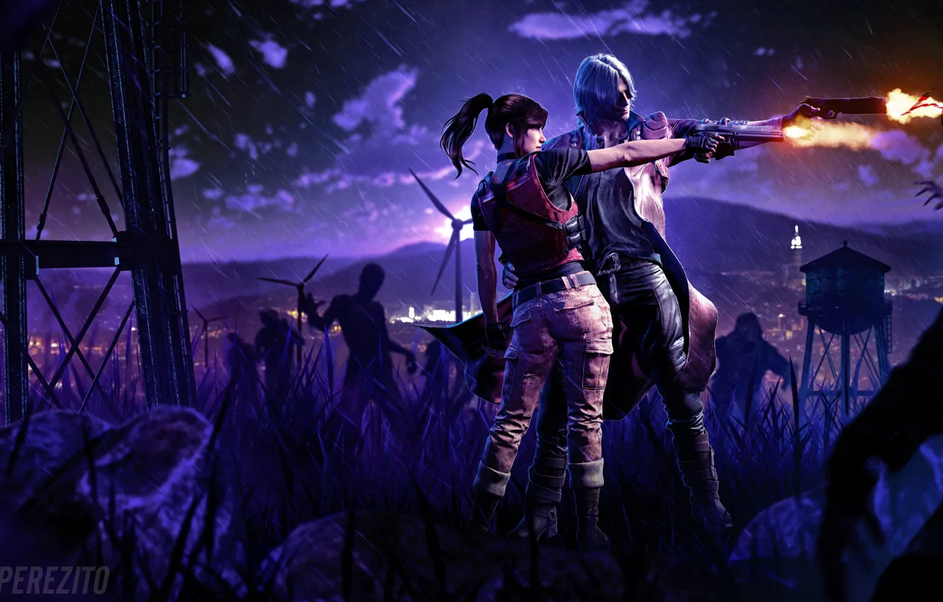 Photo wallpaper rain, crossover, Devil May Cry 5, Resident evil 2