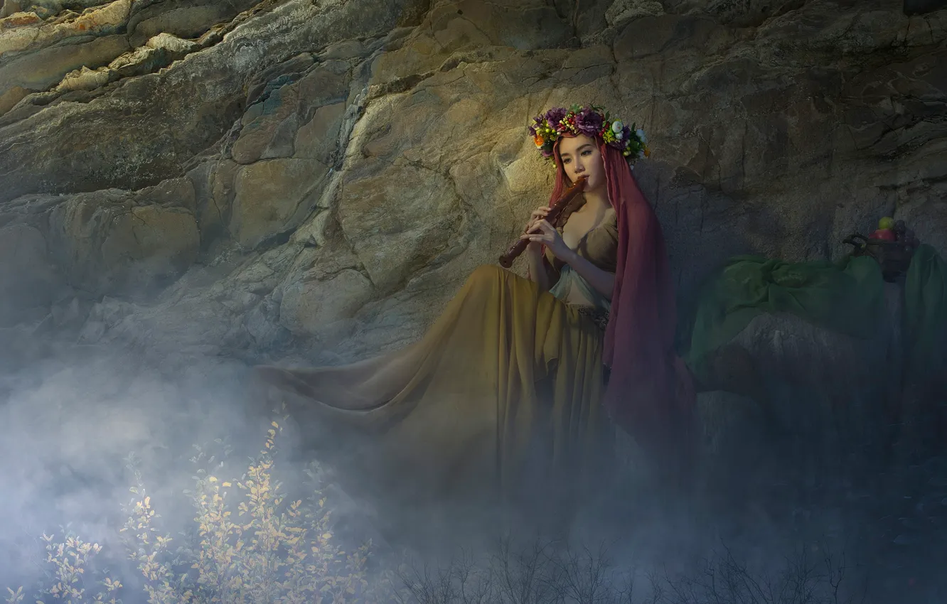 Photo wallpaper girl, flowers, pose, fog, music, fantasy, mood, rocks