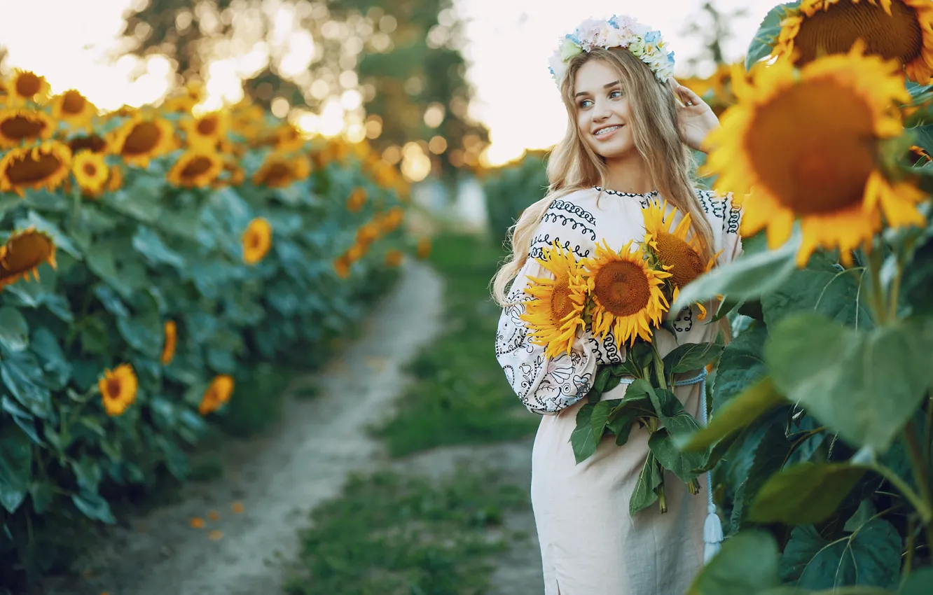 Photo wallpaper field, girl, sunflowers, walk