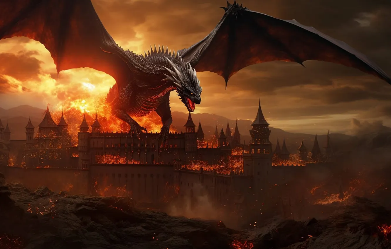 Photo wallpaper the city, lights, dragon, attack
