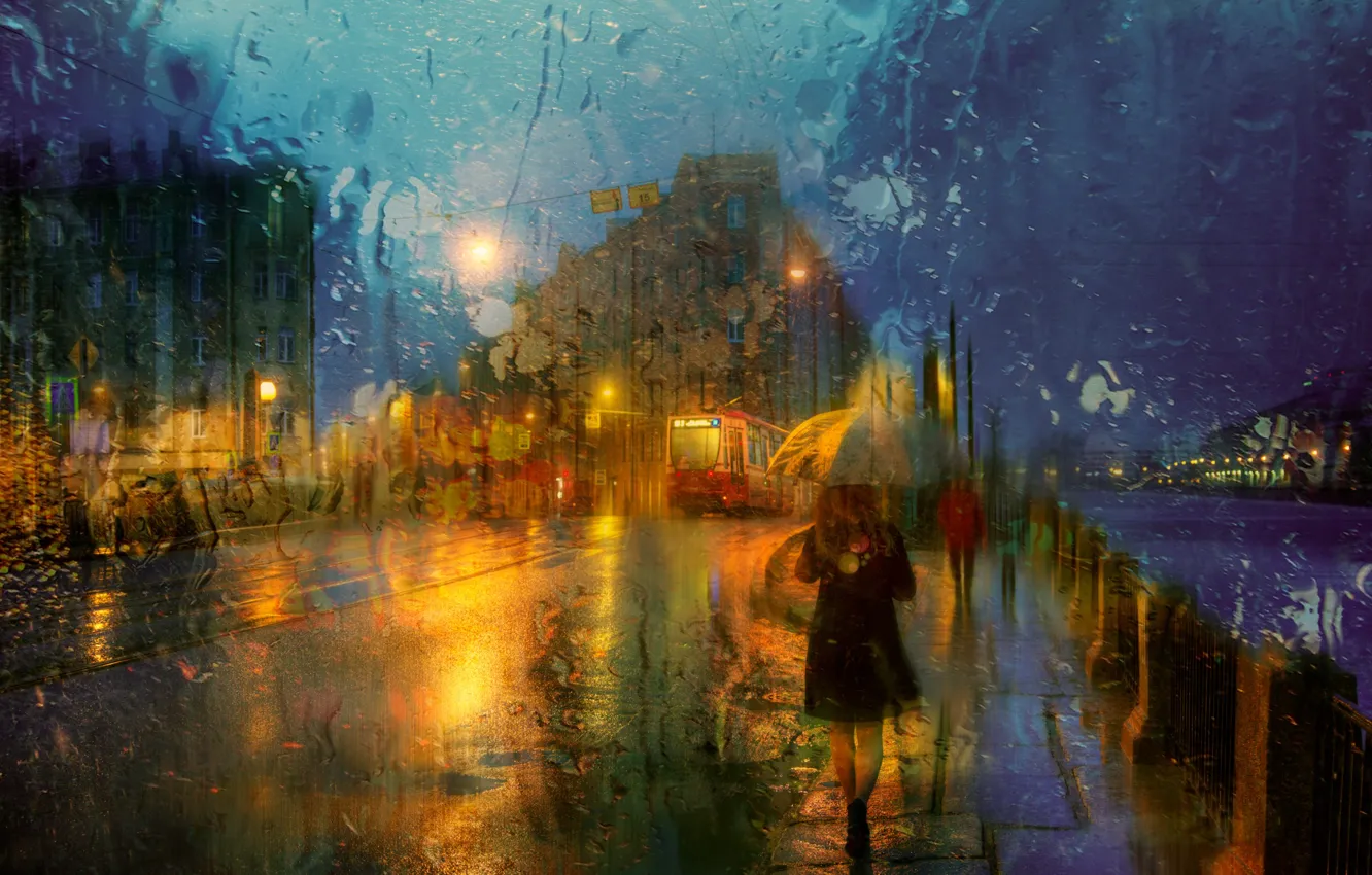 Photo wallpaper girl, the city, rain, building, home, the evening, Peter, lighting