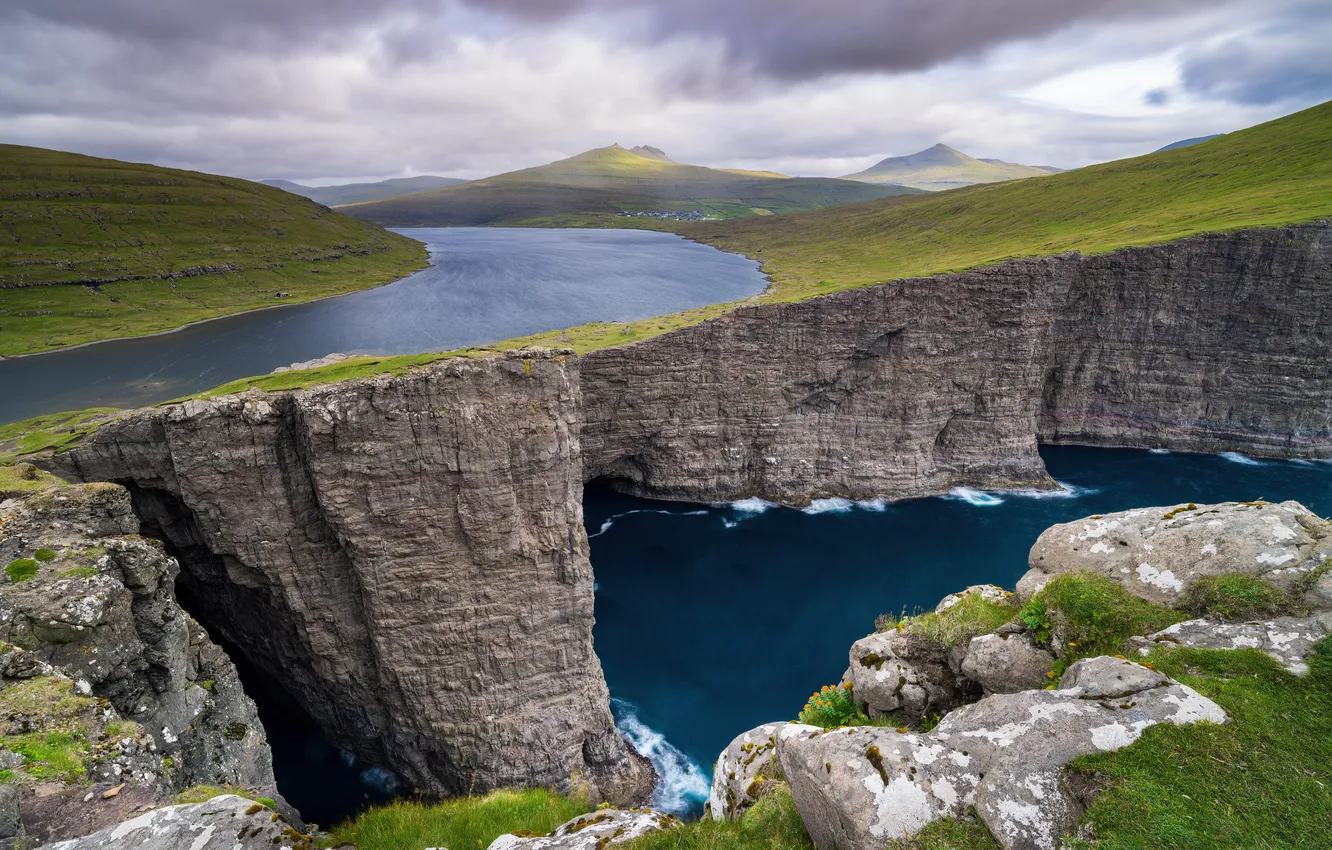 Photo wallpaper sea, the sky, grass, clouds, mountains, stones, open, overcast