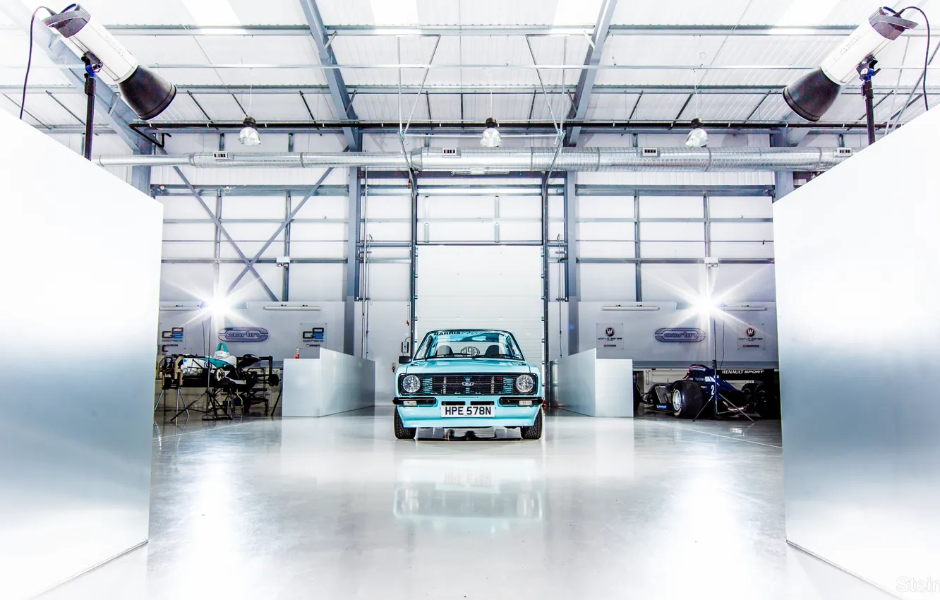 Photo wallpaper machine, Ford, garage, Formula 1, Escort, SkyBlue, Ford Escort MK2