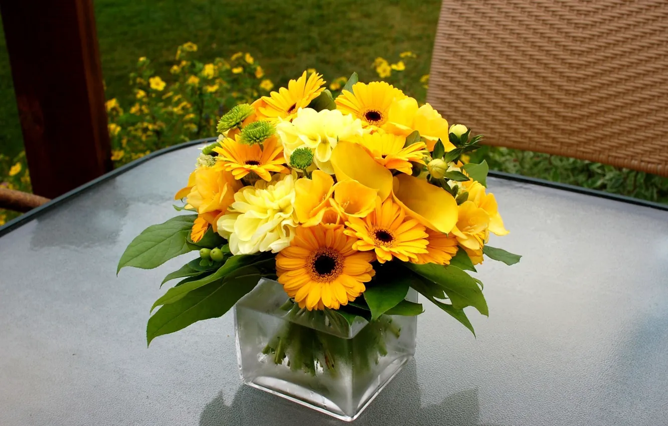 Photo wallpaper flowers, bouquet, gerbera, yellow, composition, Calla lilies, dahlias