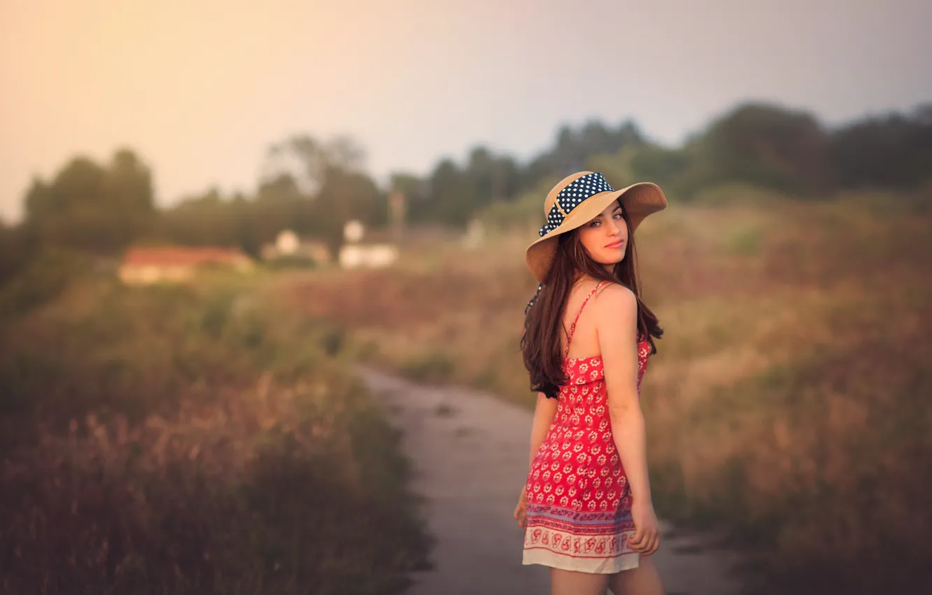 Photo wallpaper girl, nature, smile, hat, Going Home