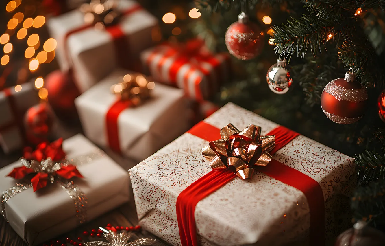 Photo wallpaper balls, lights, box, gift, new year, Christmas, bow, needles