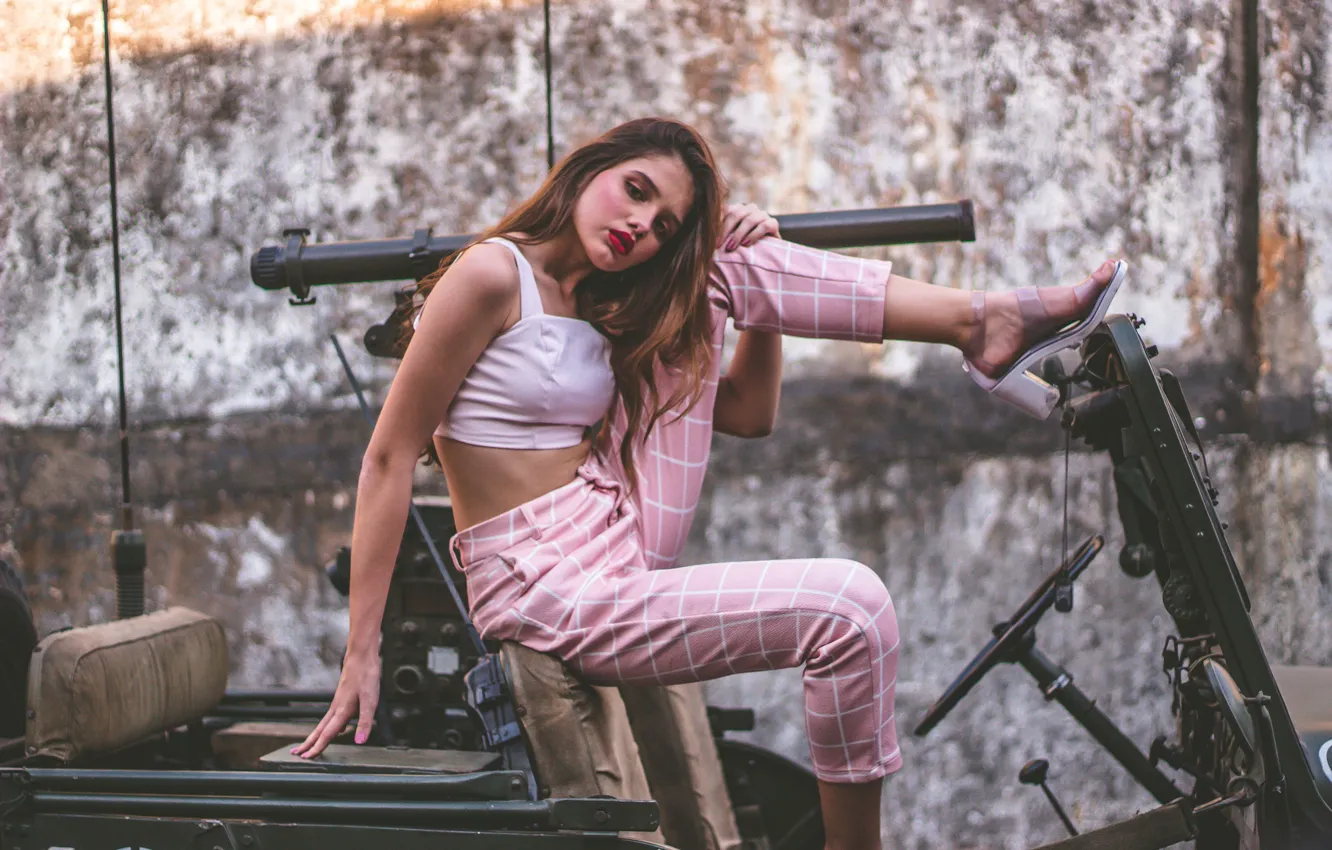 Photo wallpaper long hair, long hair, white top, bright lipstick, charming girl, concrete wall, sexy cutie, sexy …