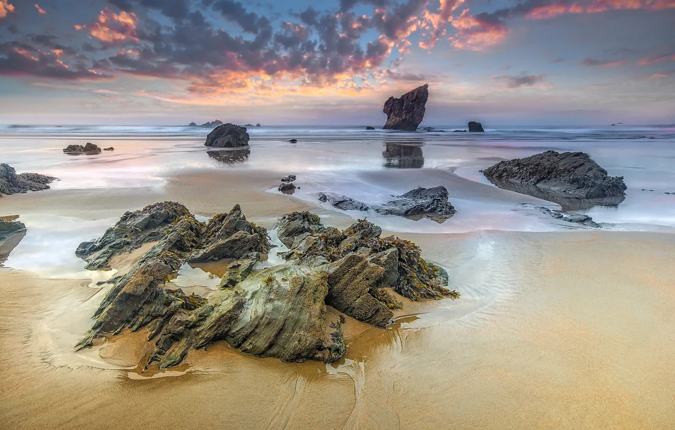 Photo wallpaper sand, sea, the sky, clouds, stones, rocks, tide