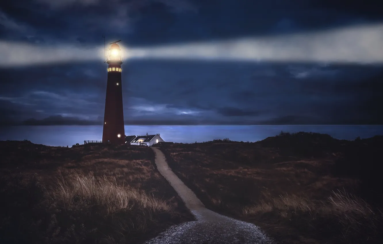 Photo wallpaper night, shore, lighthouse