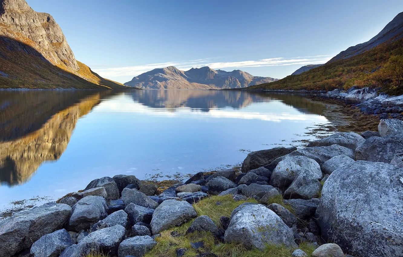 Photo wallpaper the sky, mountains, lake, stones
