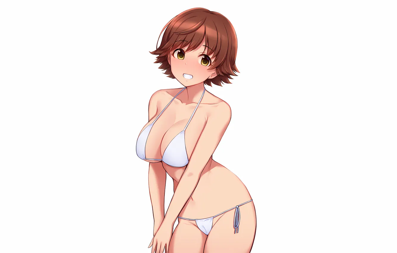 Photo wallpaper girl, sexy, cleavage, green eyes, brown hair, boobs, sexy girl, anime