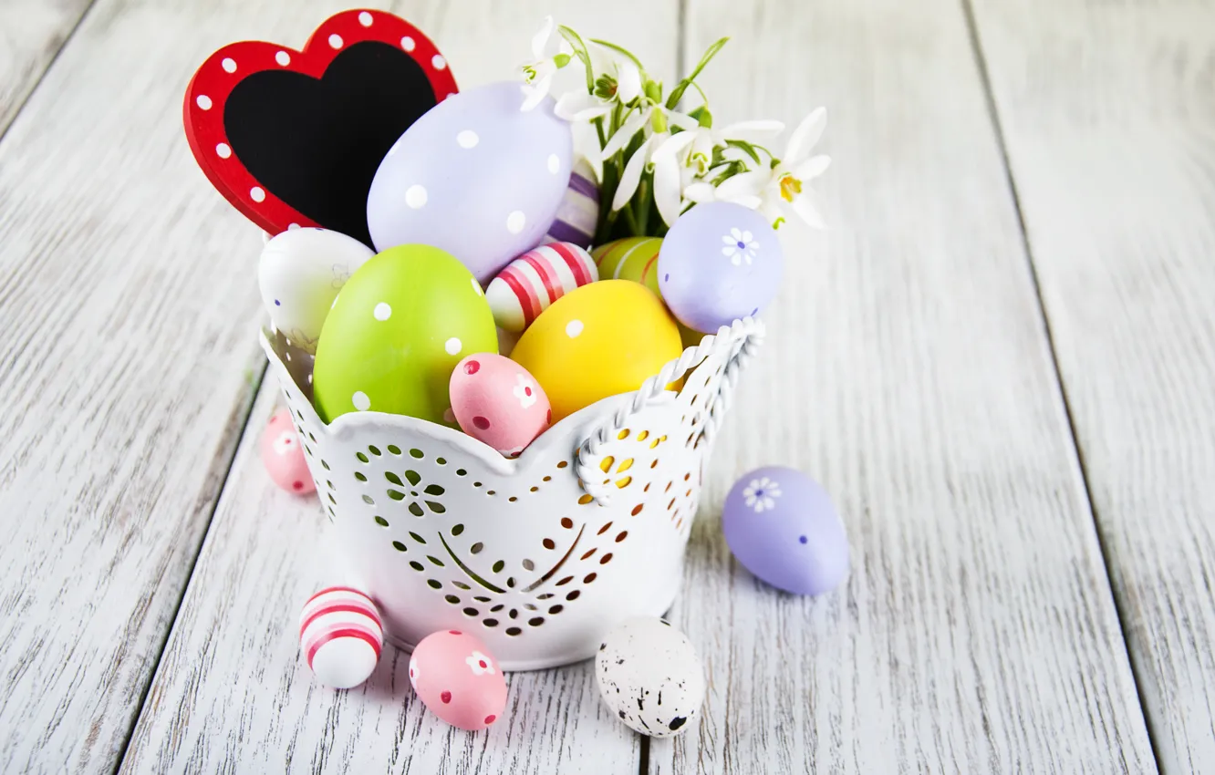 Photo wallpaper flowers, eggs, spring, colorful, Easter, happy, heart, wood