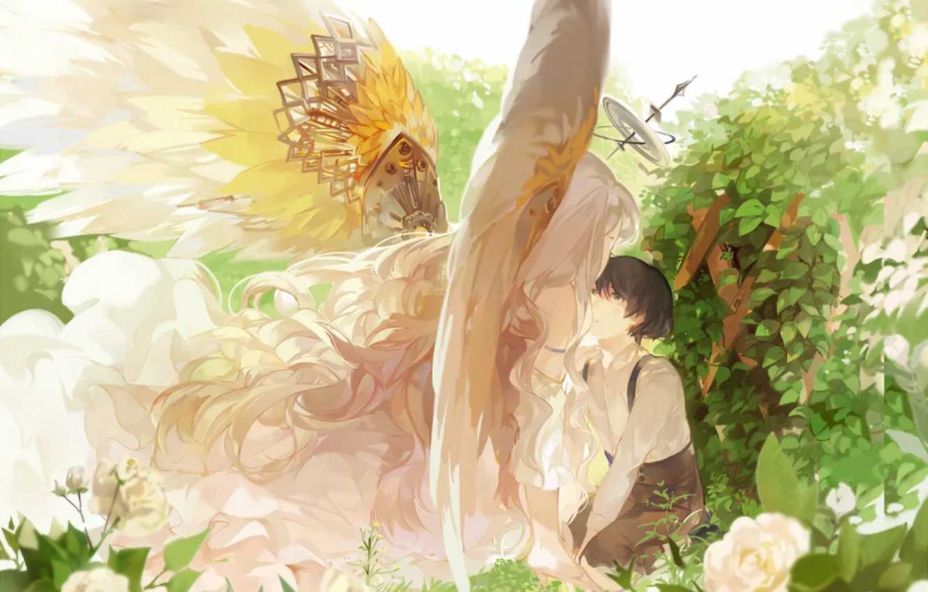 Photo wallpaper leaves, girl, flowers, roses, wings, angel, anime, art