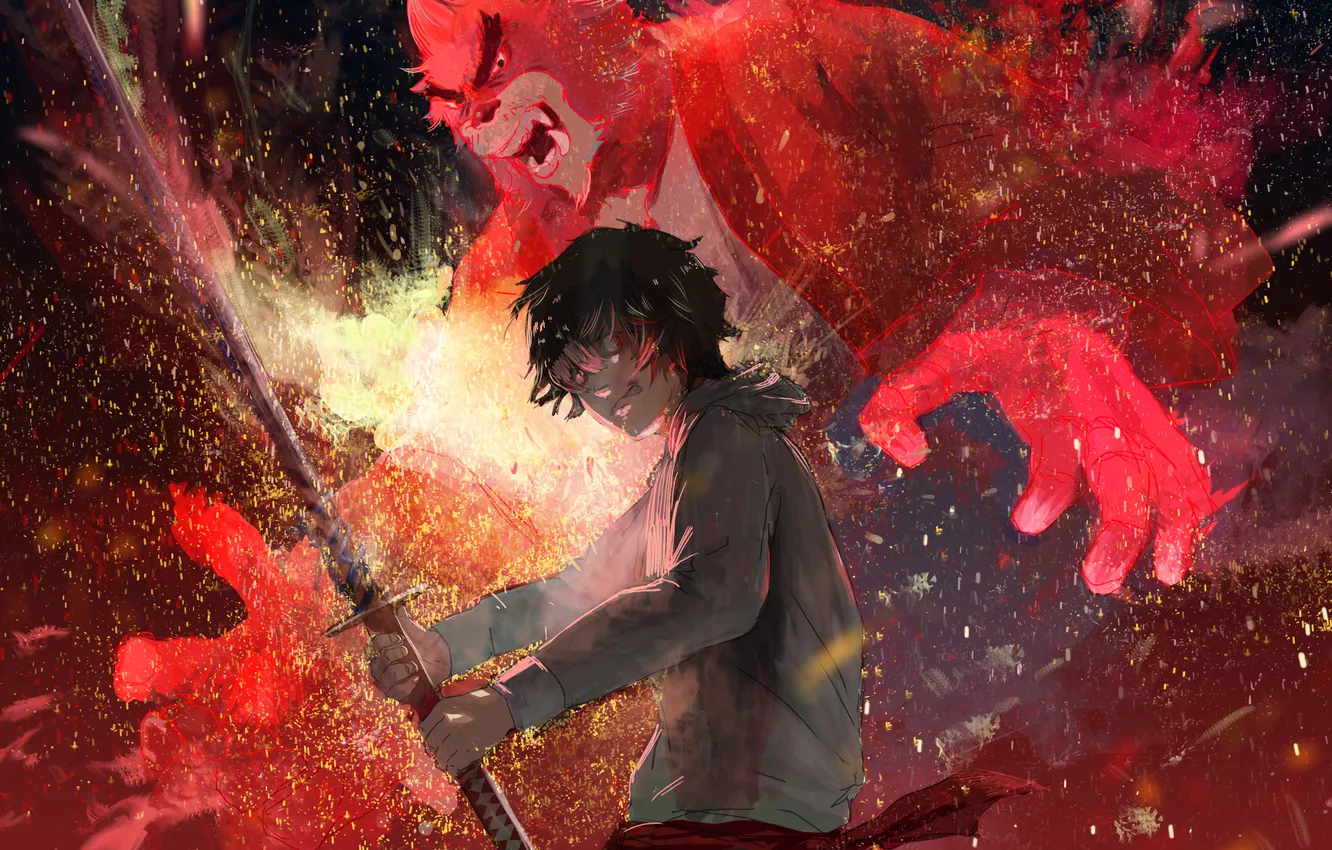 Photo wallpaper weapons, monster, katana, anime, bear, art, guy, monster