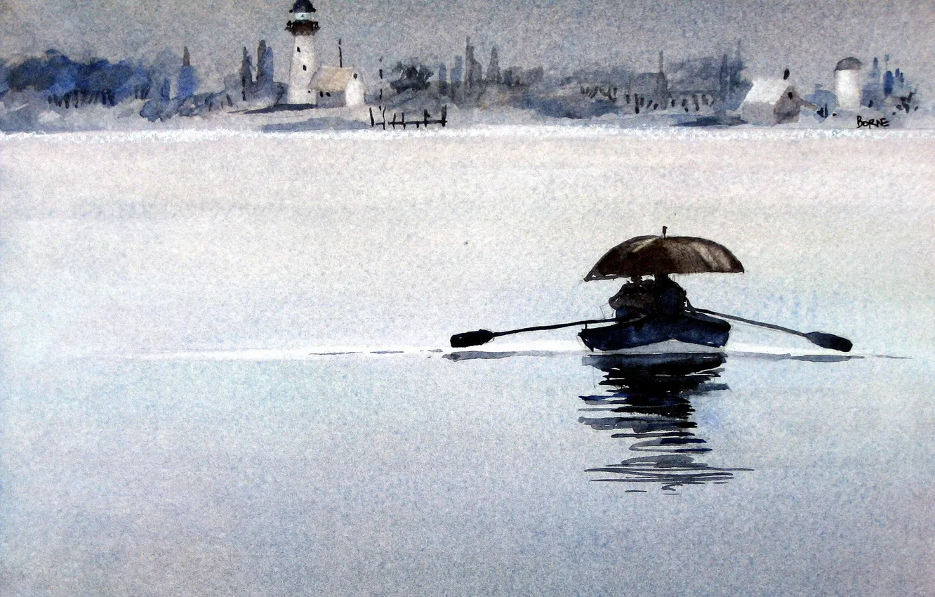 Photo wallpaper river, boat, picture, watercolor