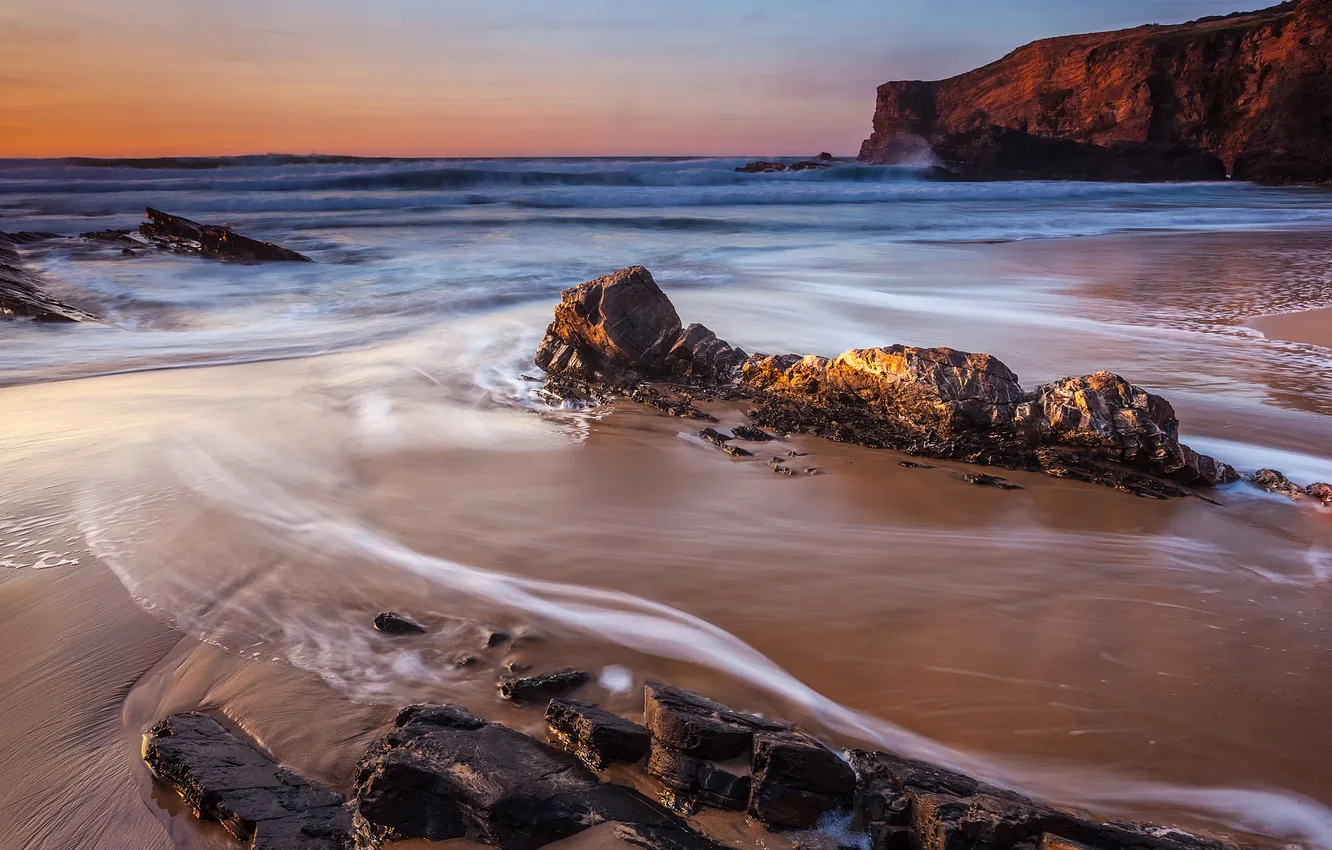 Photo wallpaper sea, wave, stones, rocks, dawn