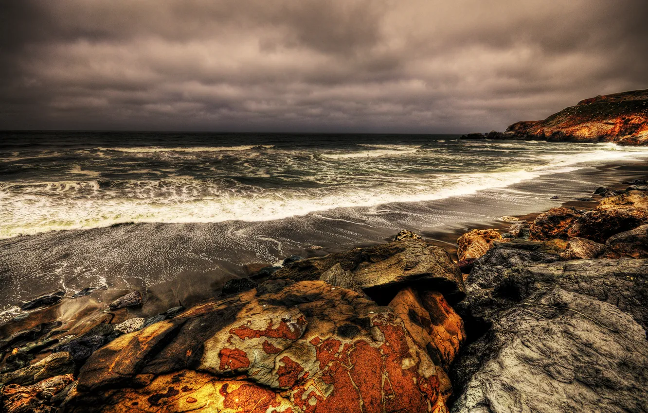 Photo wallpaper sea, wave, the sky, clouds, nature, stones, grey, gloomy day