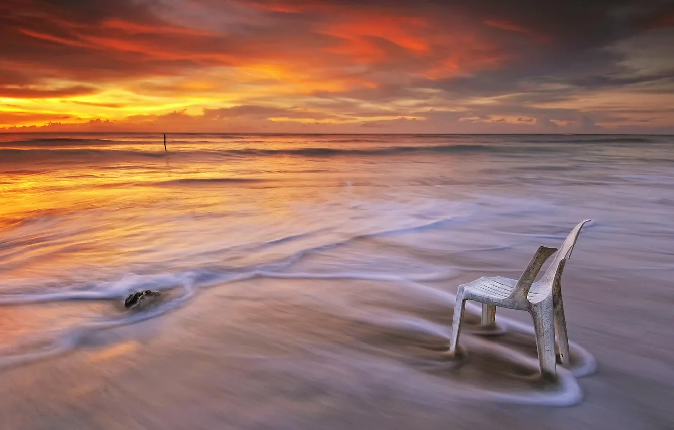 Photo wallpaper sea, sunset, chair