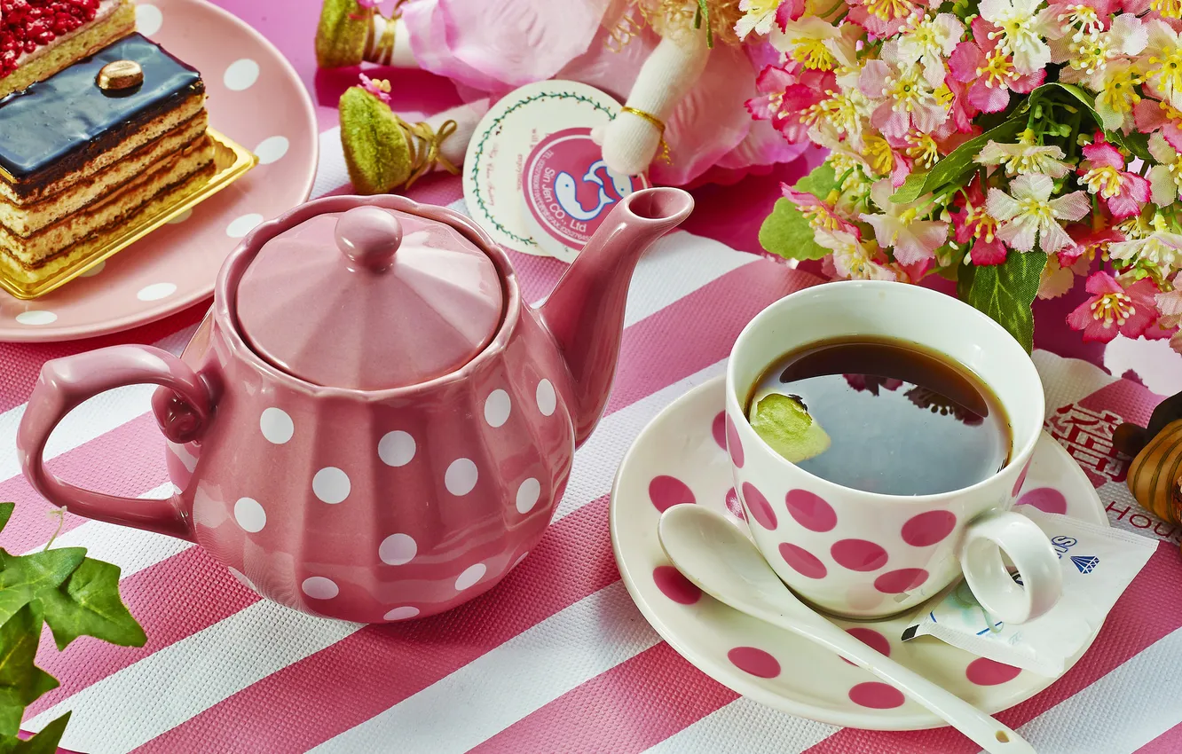 Photo wallpaper flowers, tea, kettle, cake, dishes