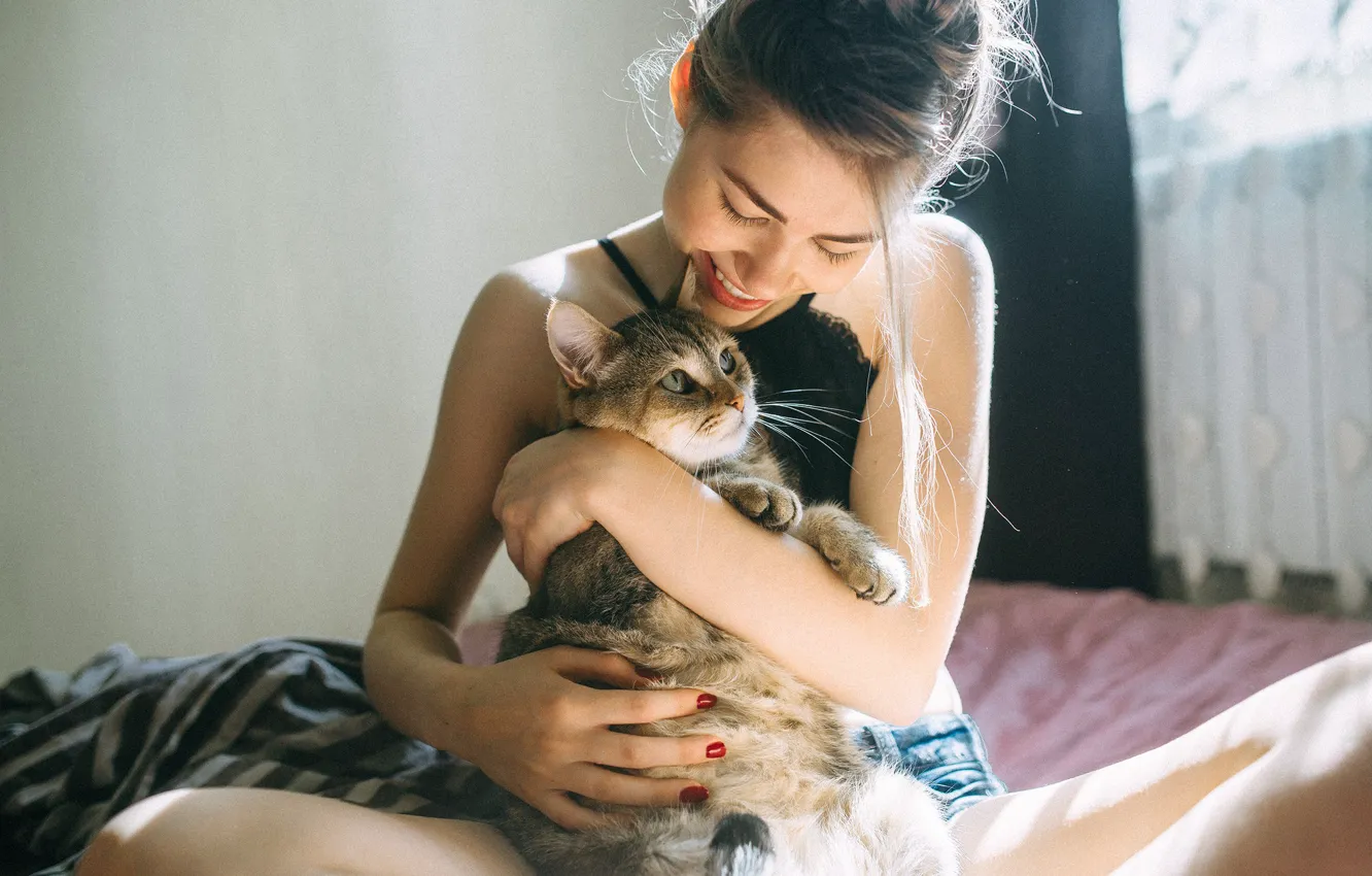 Photo wallpaper cat, girl, joy