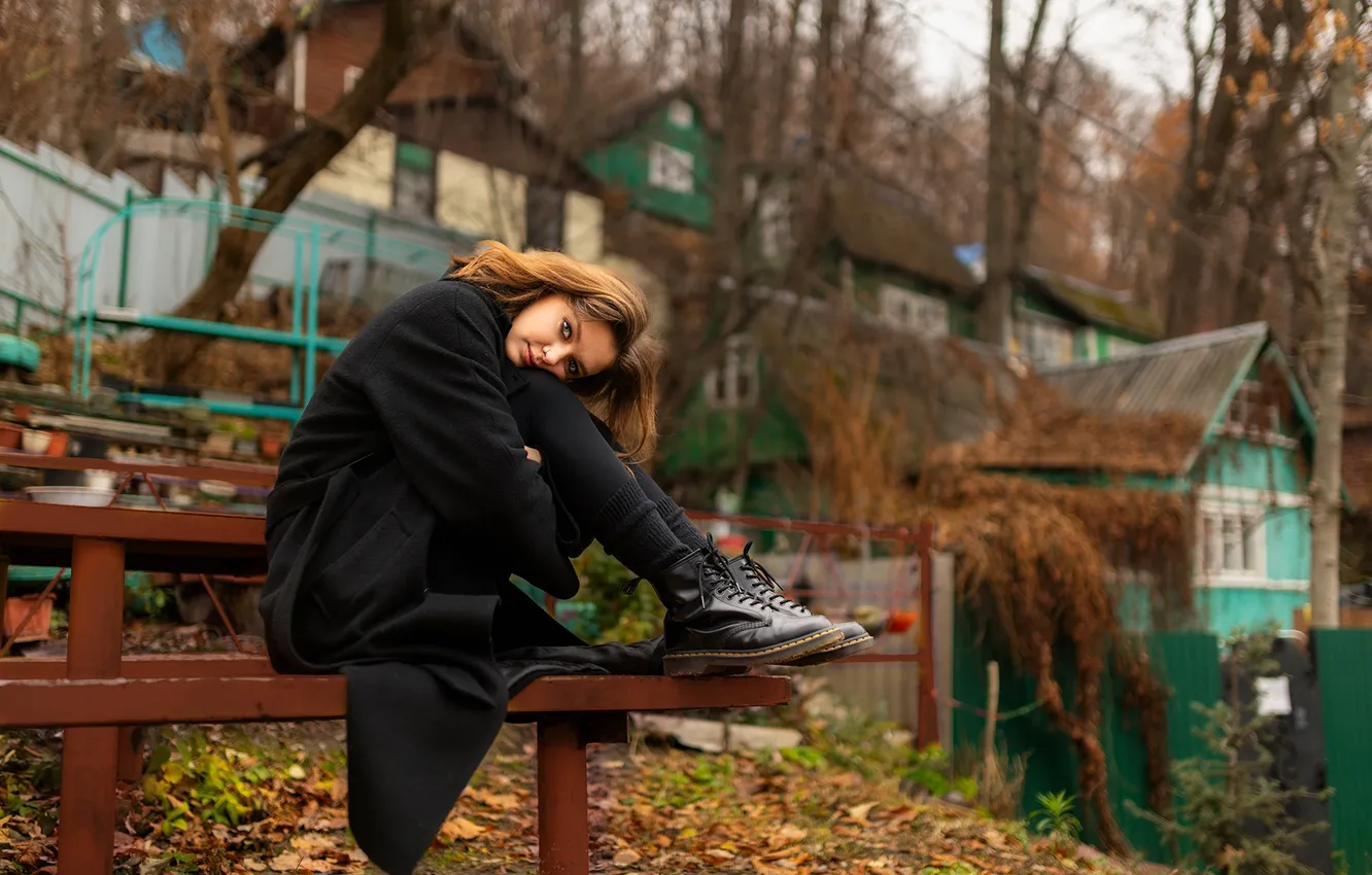 Photo wallpaper autumn, girl, bench, pose, feet, Dmitry Shulgin, Ankle boots