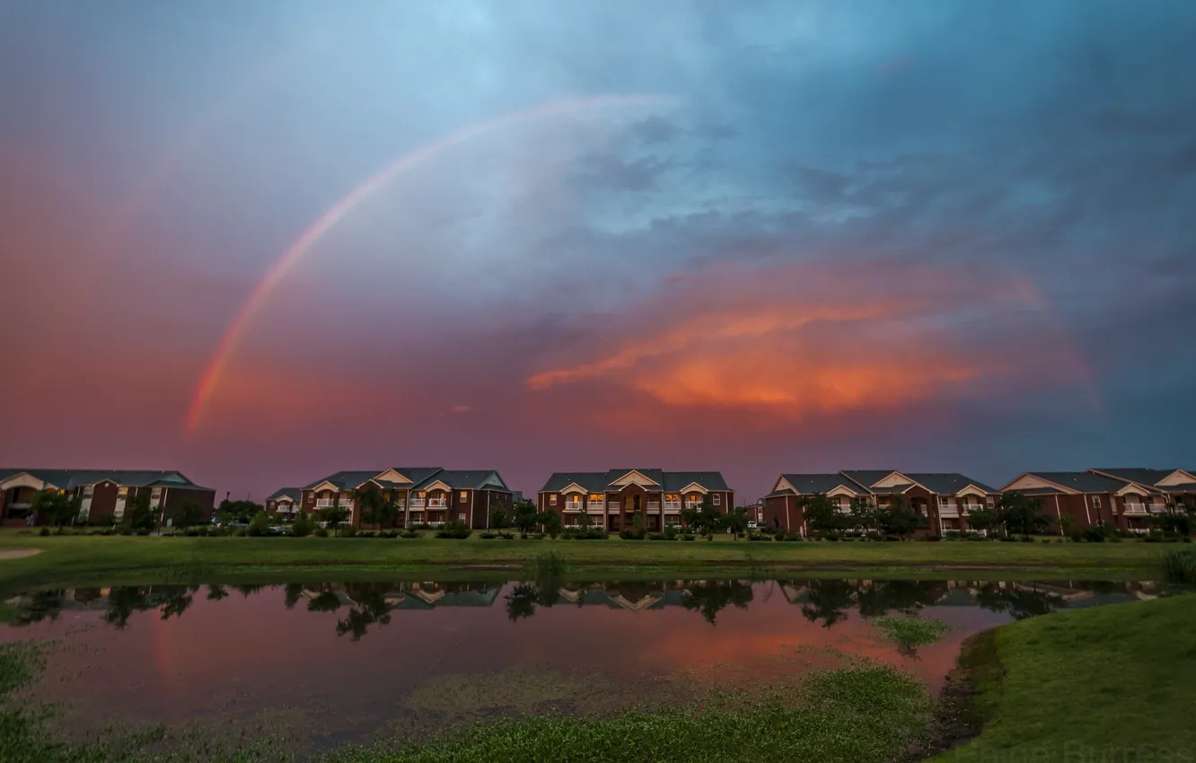 Photo wallpaper the sky, sunset, nature, pond, home, rainbow, the evening, rainbow