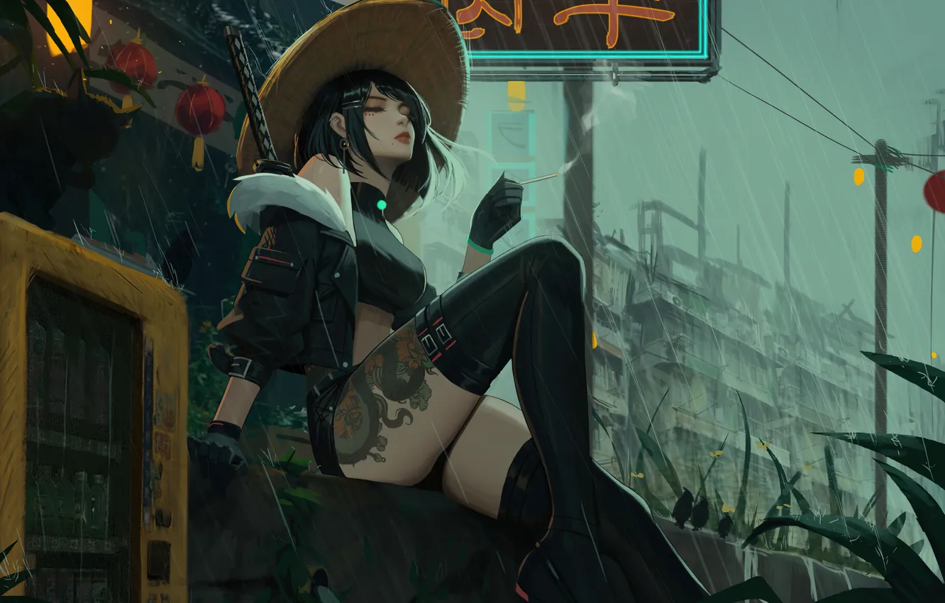 Photo wallpaper Dragon, art, Rain, digital art, artwork, rainy day, Samurai Girl, Japanese city
