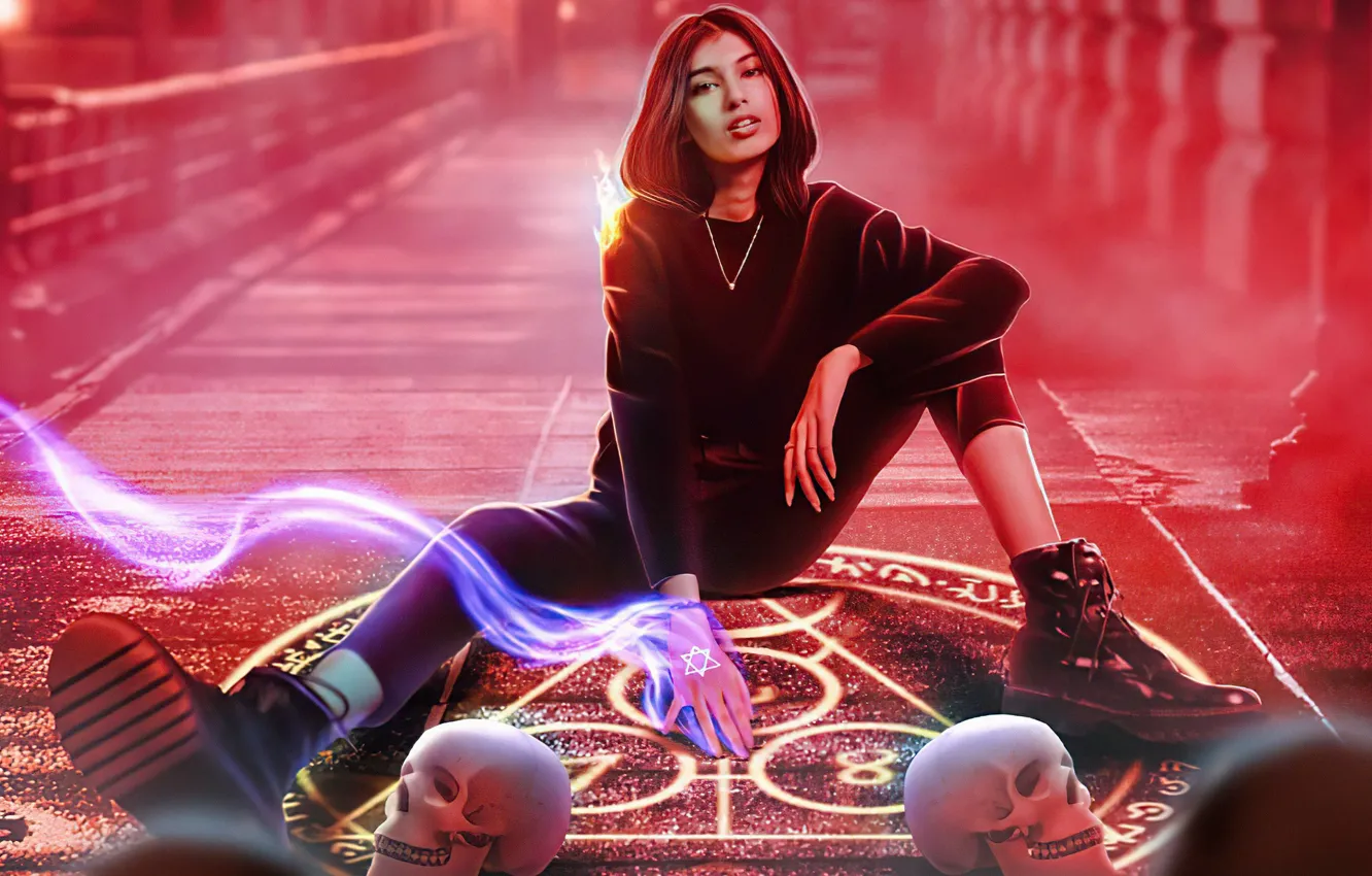 Photo wallpaper look, girl, pose, future, magic, skull, technology, haze