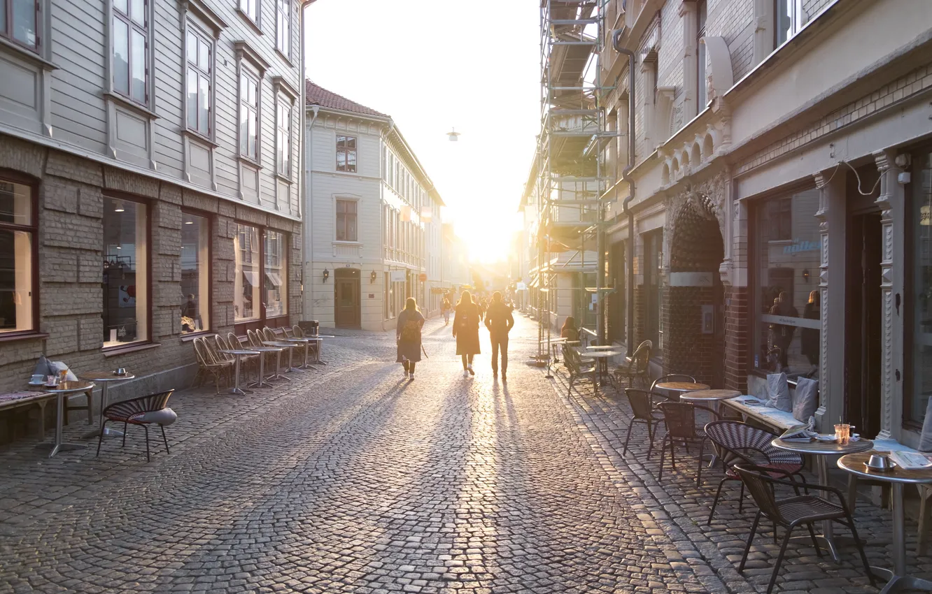 Photo wallpaper sunset, the city, people, street, cafe, paving slabs