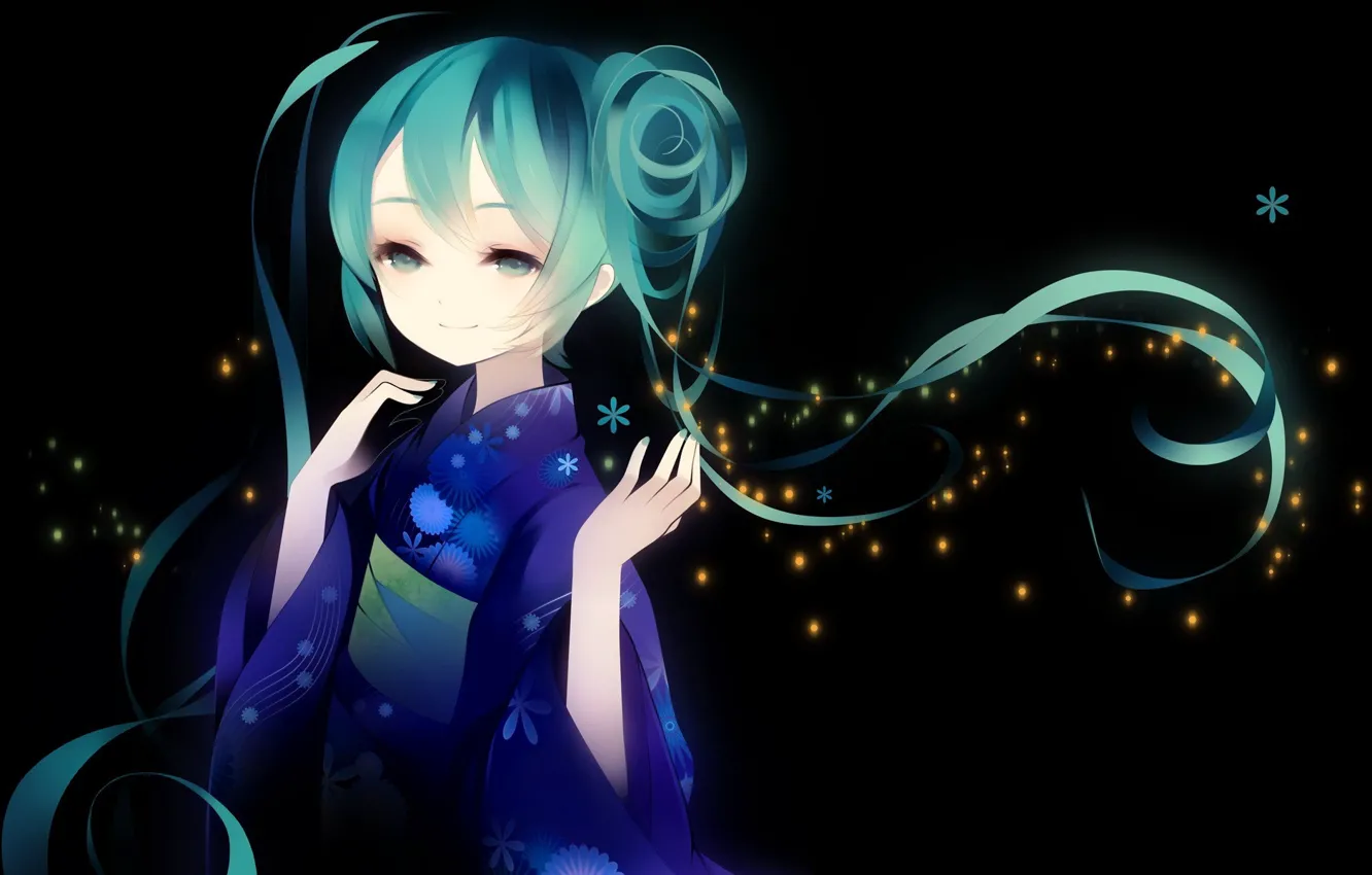 Photo wallpaper girl, background, black, anime, kimono, vocaloid, Hatsune Miku, long hair