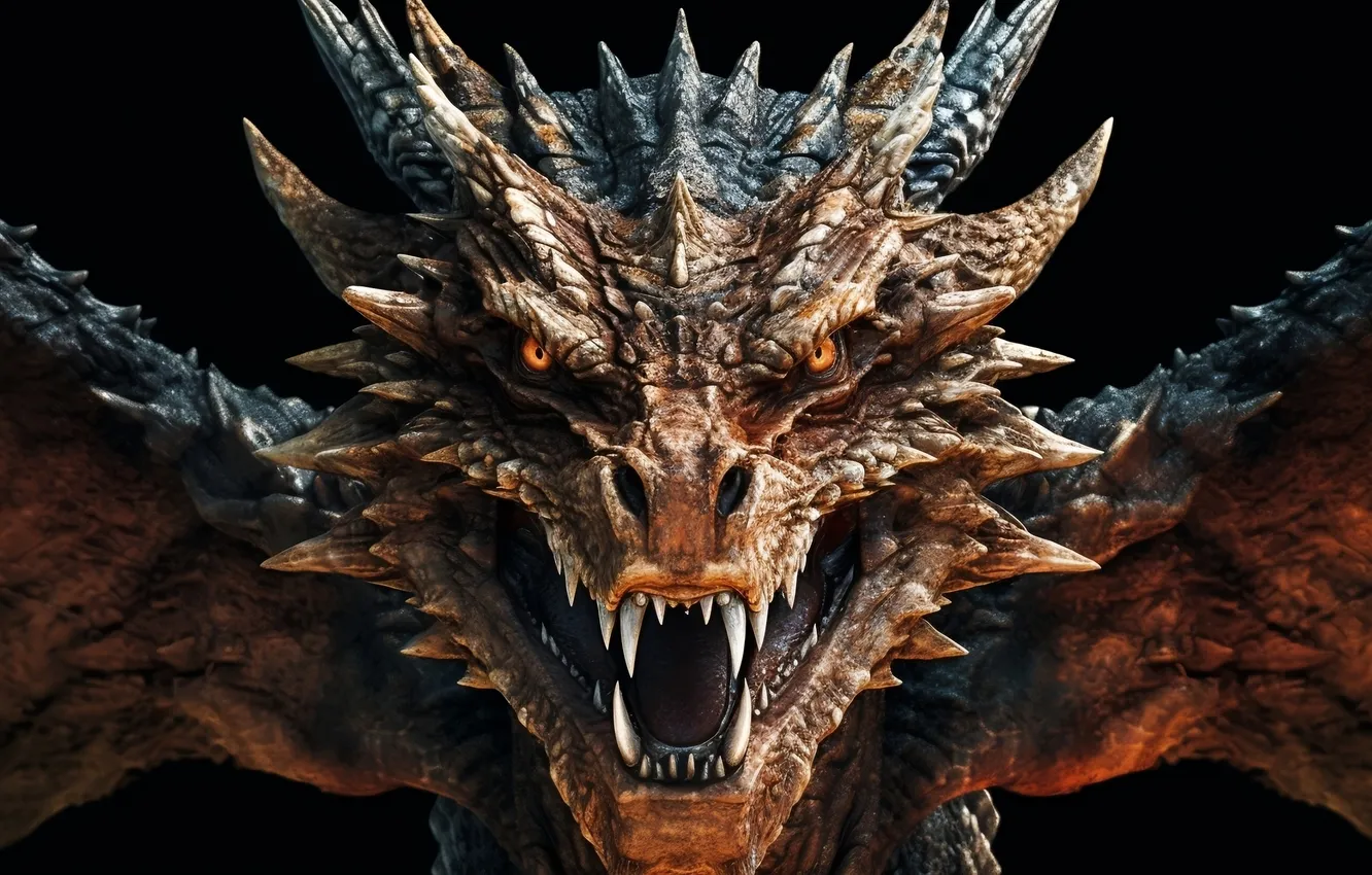 Photo wallpaper look, face, dragon, wings, mouth, grin, black background, AI art