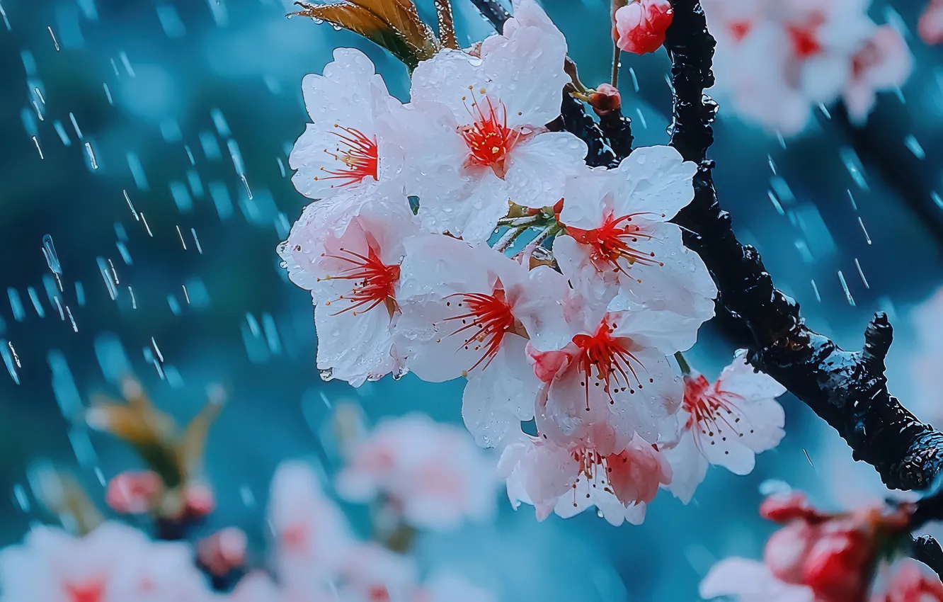 Photo wallpaper drops, flowers, branches, cherry, rain, spring, white, flowering