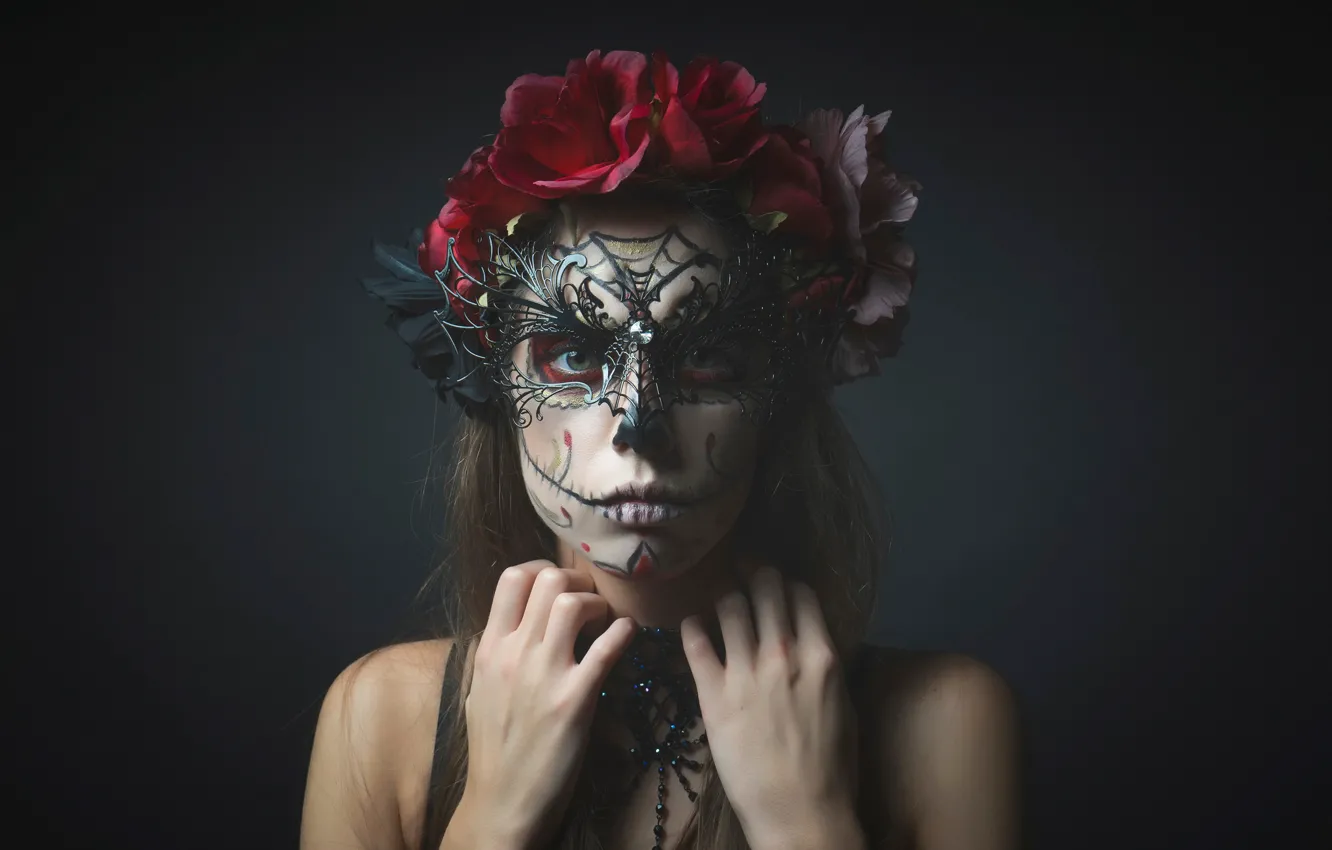 Photo wallpaper flowers, portrait, makeup, mask, in