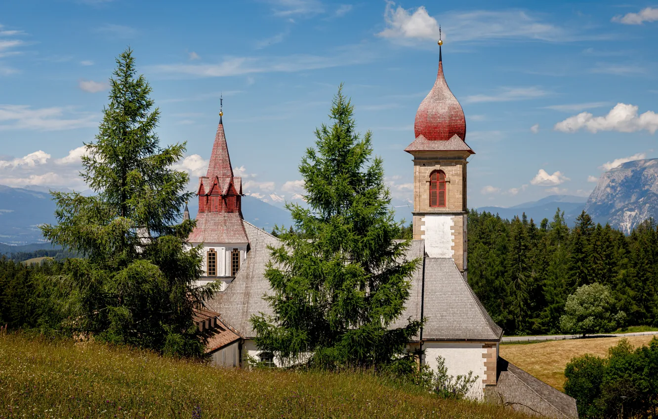 Photo wallpaper trees, mountains, Italy, Church