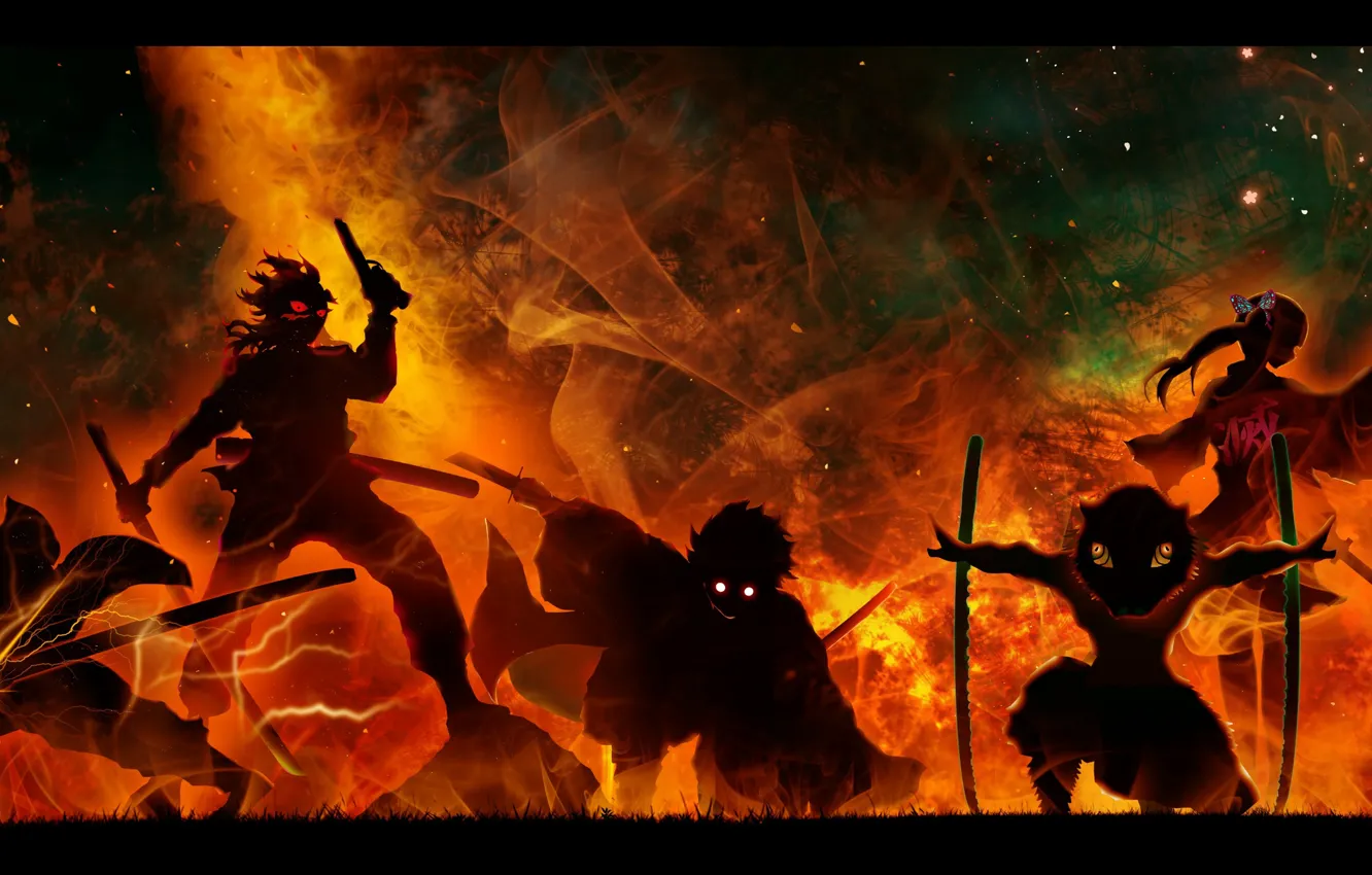 Photo wallpaper weapons, fire, flame, zipper, katana, characters, burning eyes, in the dark
