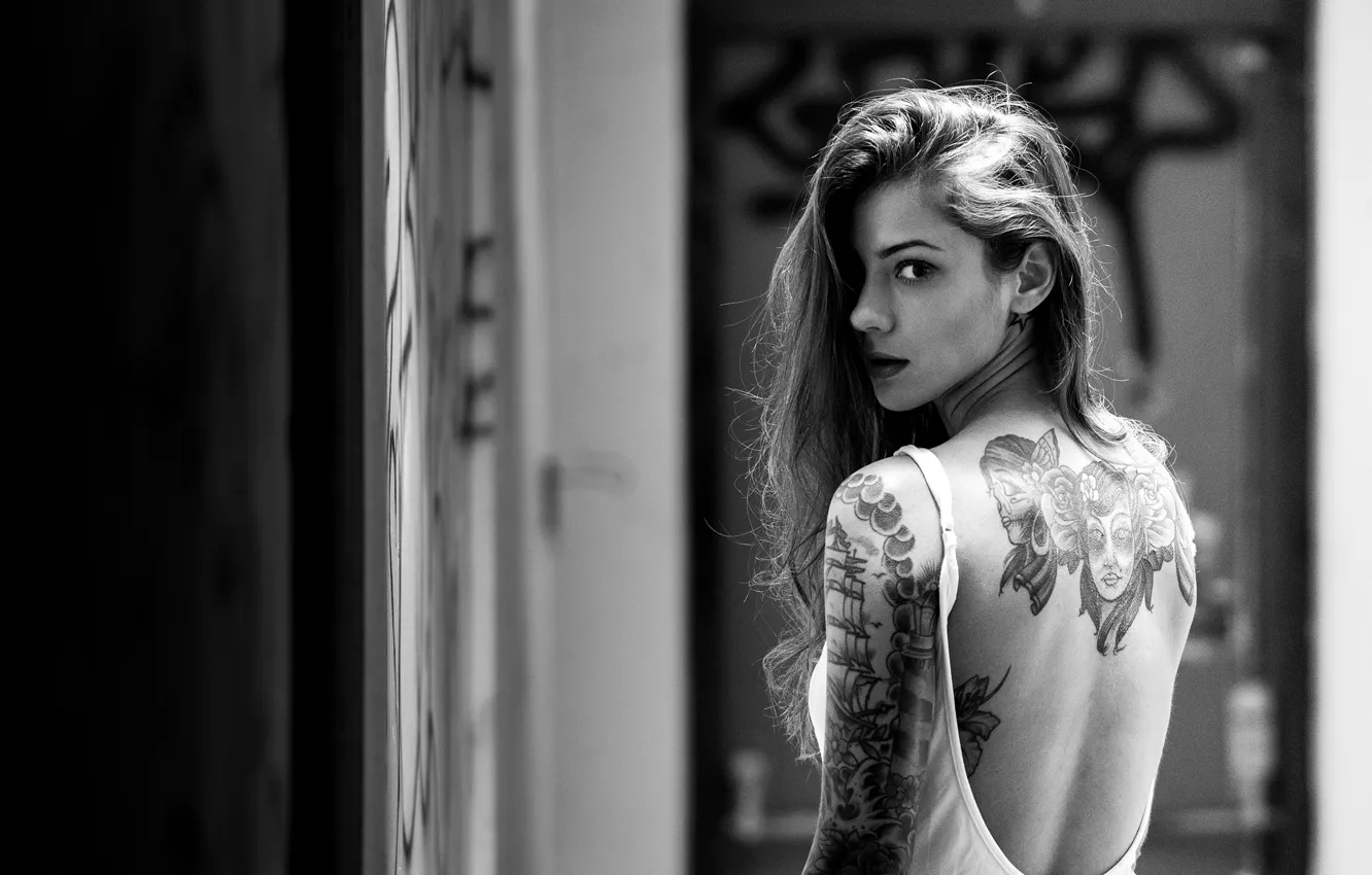 Photo wallpaper look, pose, model, portrait, makeup, dress, tattoo, hairstyle