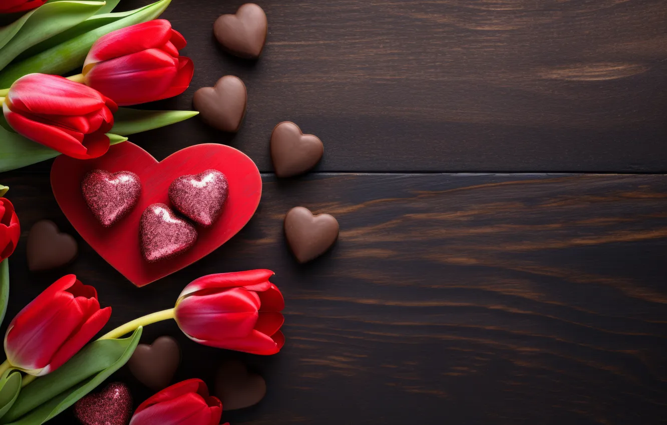 Photo wallpaper love, flowers, gift, romance, heart, tulips, red, love