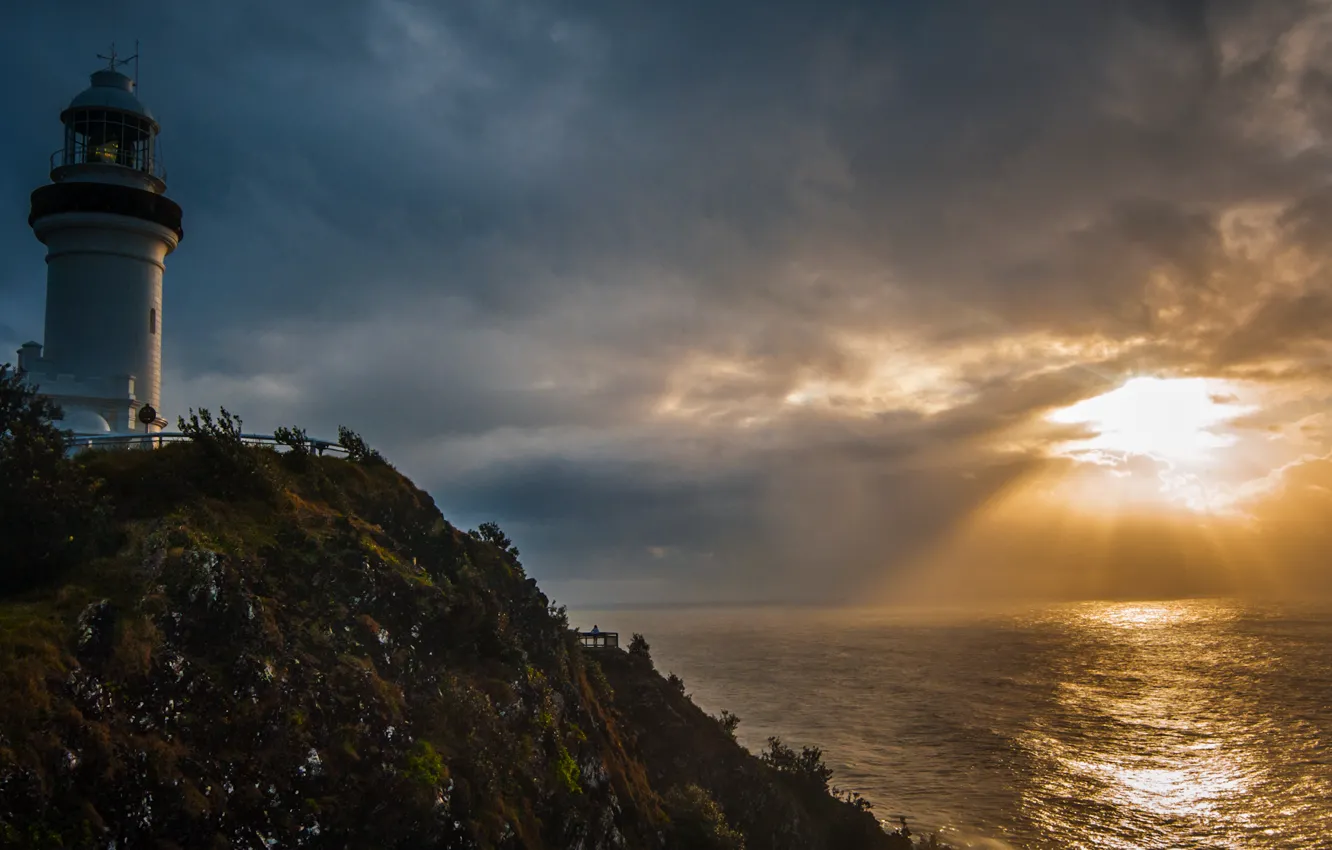 Photo wallpaper sea, the sun, sunset, clouds, lighthouse