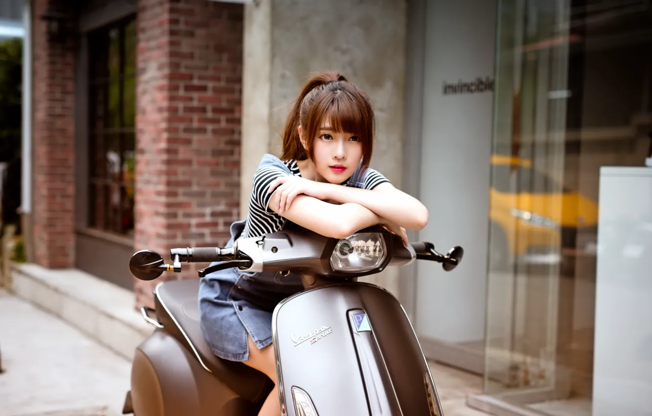 Photo wallpaper girl, street, a scooter