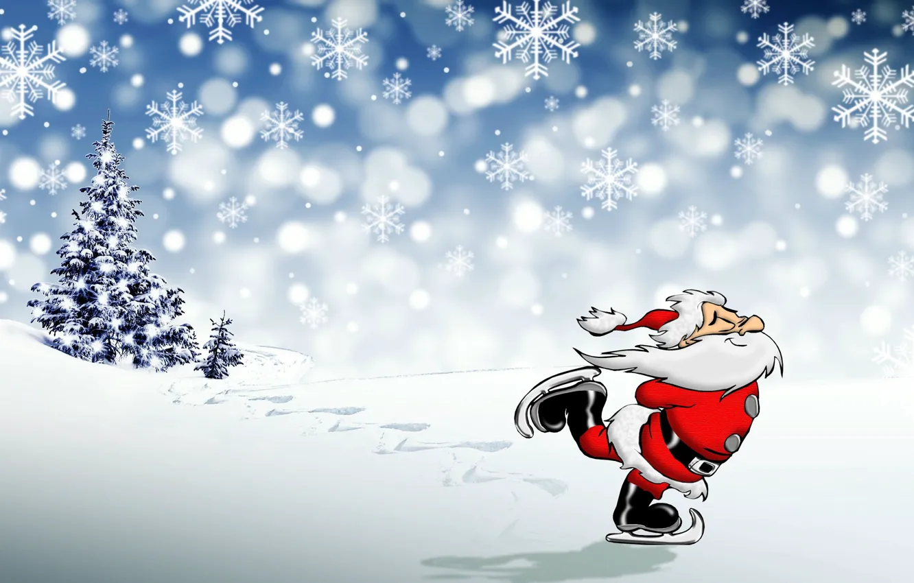 Photo wallpaper snowflakes, photo, new year, beard, Santa Claus, skates