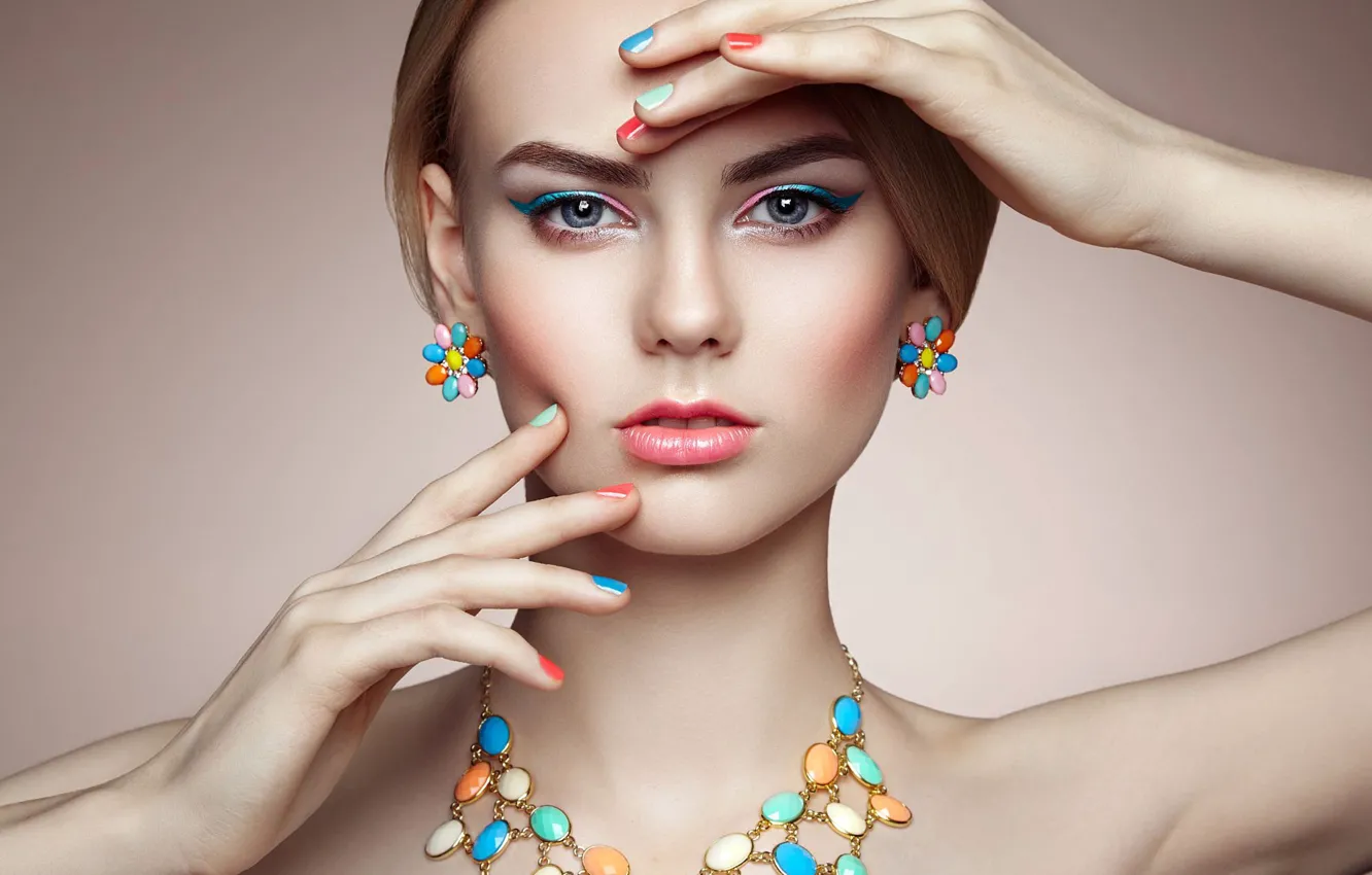 Photo wallpaper look, decoration, face, pose, background, model, portrait, hands