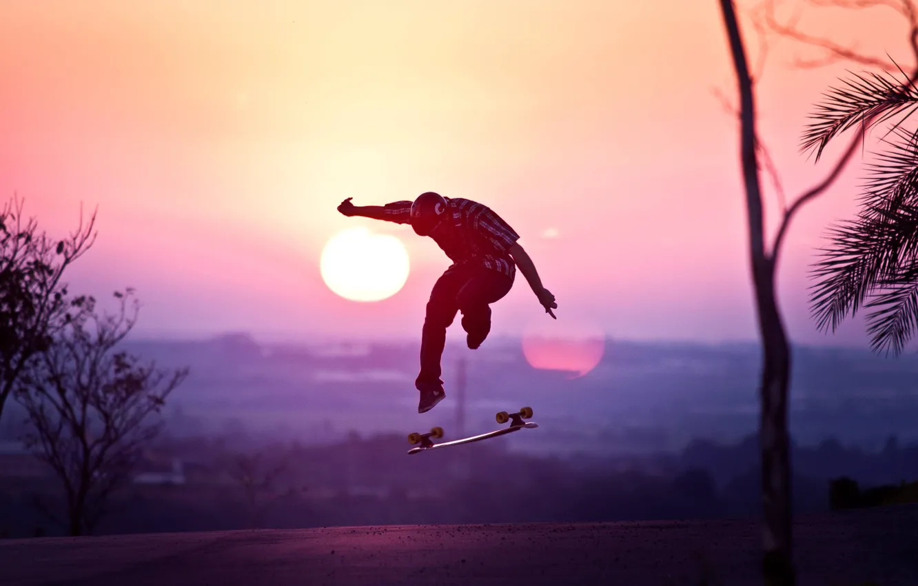 Photo wallpaper the sun, sunset, jump, helmet, Guy, skateboard