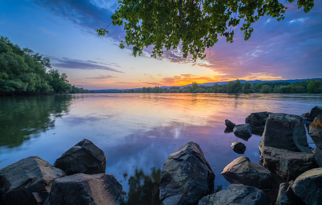 Photo wallpaper landscape, nature, lake, stones, dawn