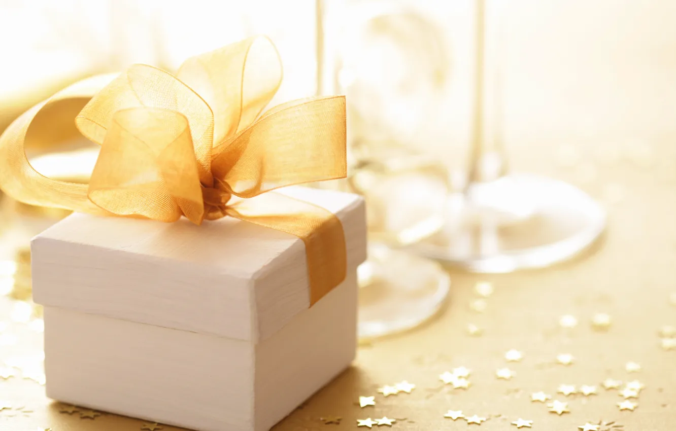 Photo wallpaper holiday, box, gift, glasses, white, gold, champagne, bow