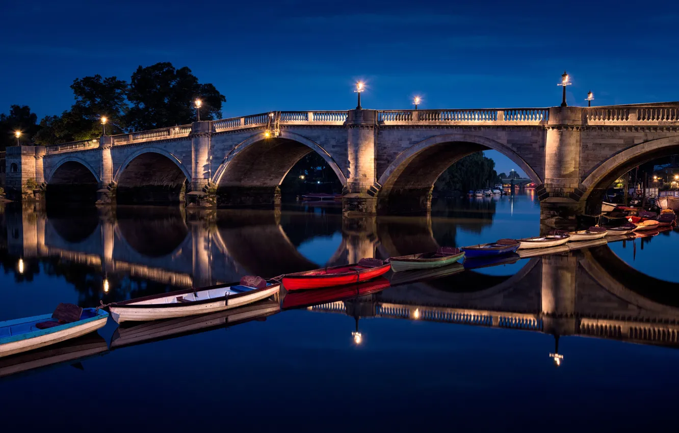 Photo wallpaper night, lights, boat, England, London, arch, Richmond bridge