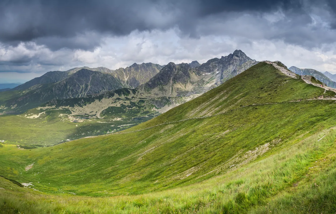 Photo wallpaper green, colorful, summer, rock, grass, sky, landscape, nature