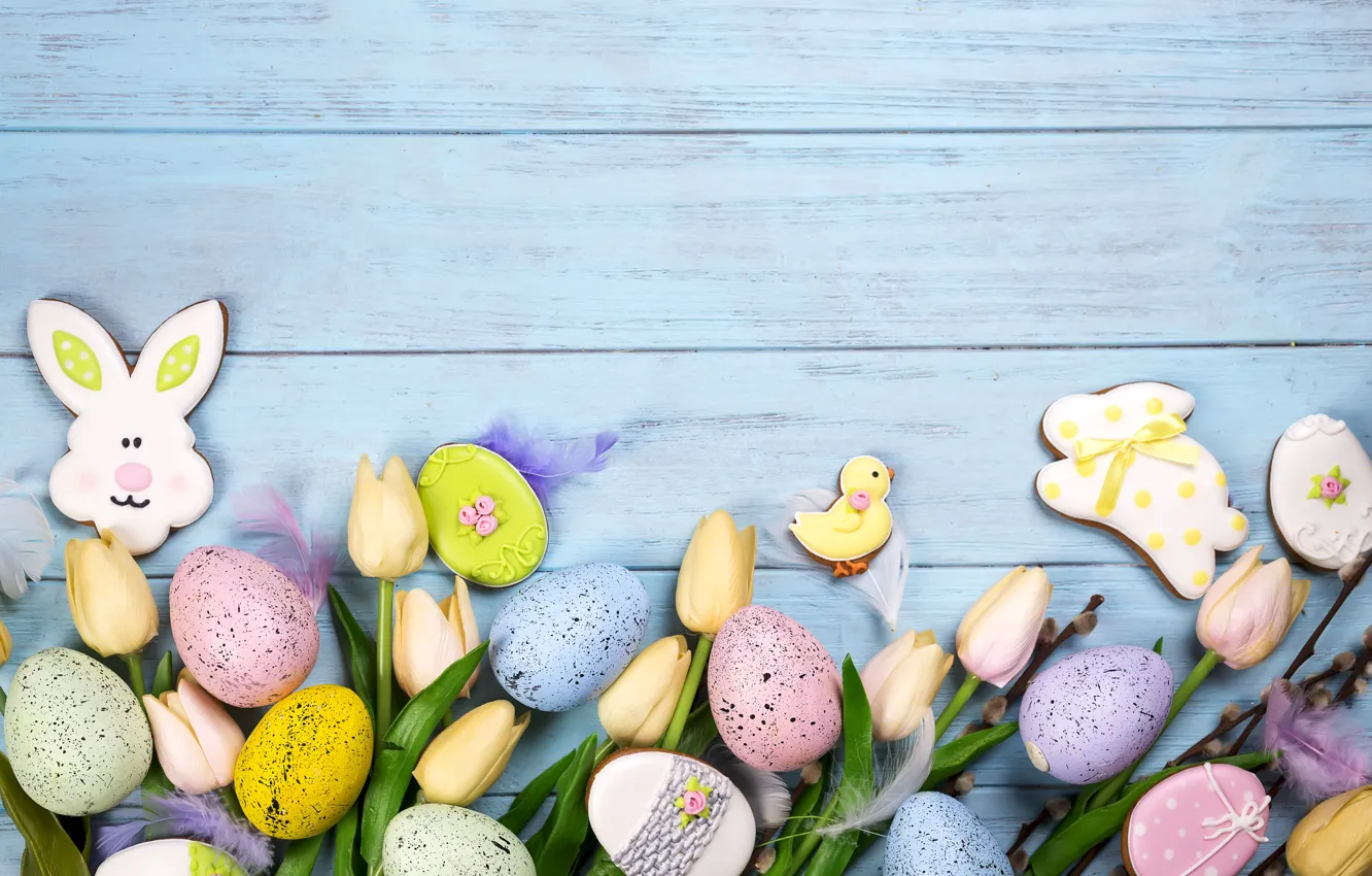 Photo wallpaper flowers, eggs, Easter, happy, flowers, tulips, eggs, easter