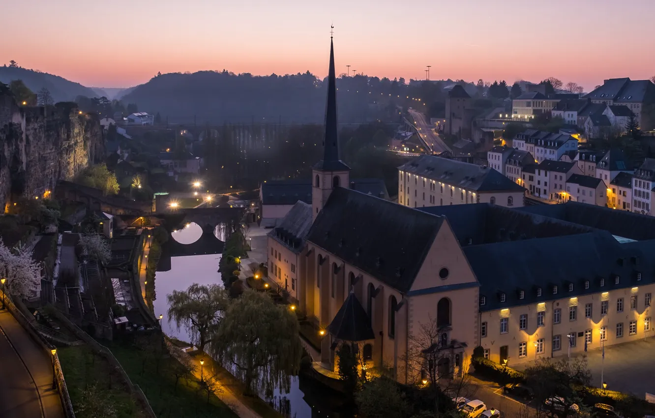 Photo wallpaper bridge, lights, river, home, the evening, Luxembourg, spire
