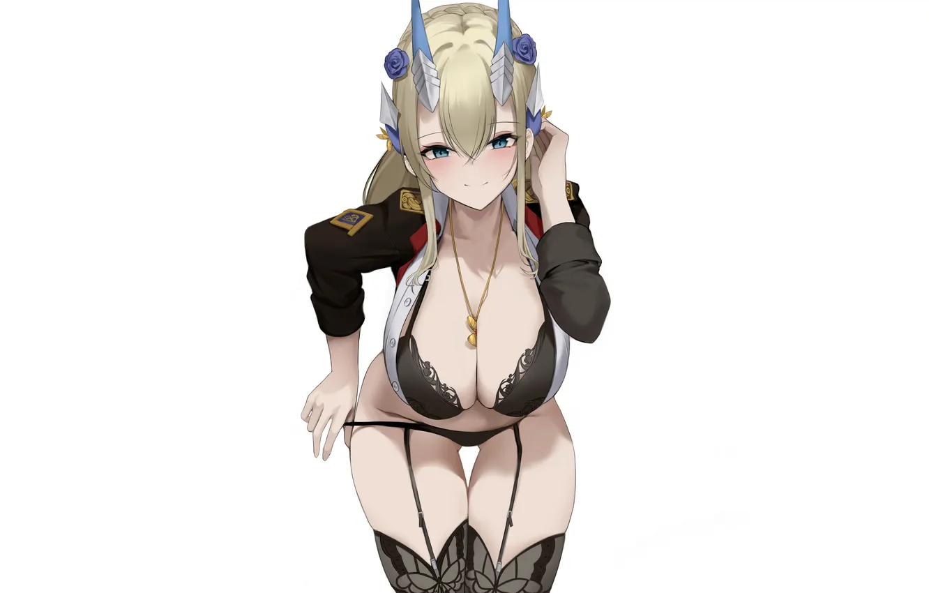 Photo wallpaper girl, sexy, lingerie, bra, cleavage, panties, thighhighs, horns