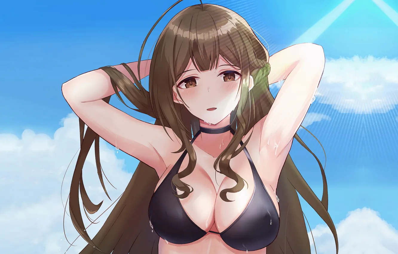 Photo wallpaper girl, sexy, wet, cleavage, long hair, brown hair, brown eyes, boobs